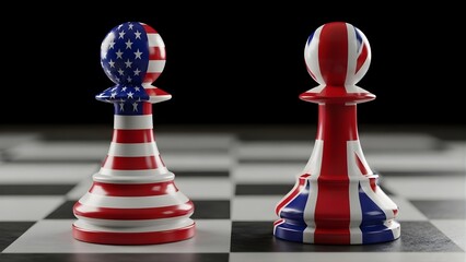 USA vs UK Geopolitical Strategy: US and British Flag Chess Pawns on a Chessboard