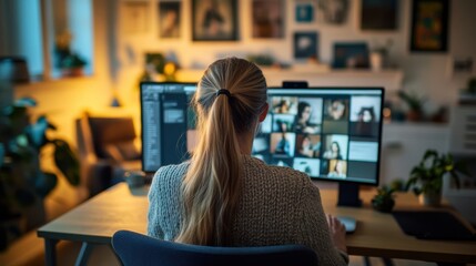 A person is working at home on a computer showing a video conference with many people on screen.
