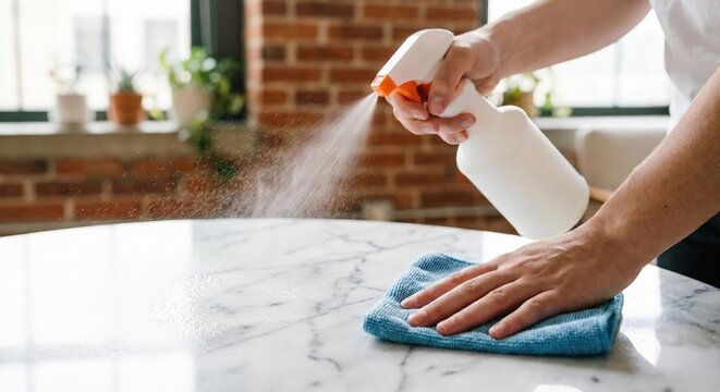 Close up of an adult woman cleaning a white marble table with a blue cloth and spray bottle at home, sanitizing surfaces for hygiene, bright morning light indoors.