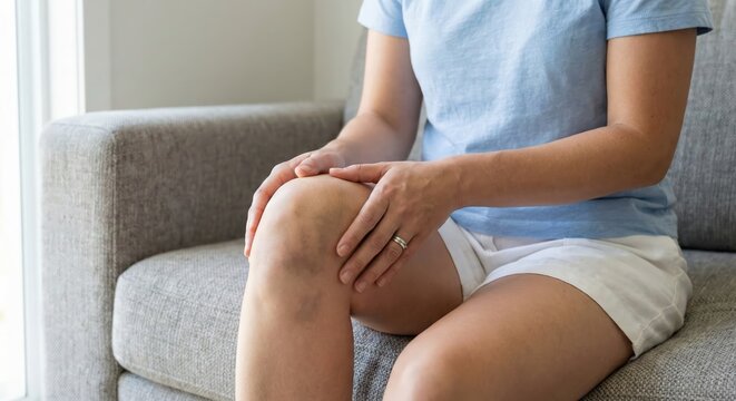A woman's hands gently examine a large purple bruise on her knee while sitting on a grey couch indoors, focusing on the injury and pain