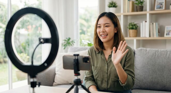 Happy young Southeast Asian woman vlogger waving at smartphone camera with ring light in bright living room, smiling content creator recording social media video at home indoors, lifestyle concept.