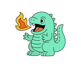 Fototapeta premium Cute Cartoon Dinosaur Breathing Fire Kawaii Character Icon. Adorable green dragon cartoon breathing fire. Cute Kaiju Lizard Breathing Fire Cartoon Character Illustration. Vector art