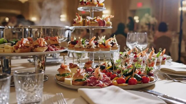 Elegant catered buffet table with various delicious appetizers, canapes, and cold dishes for social gathering, party, or event