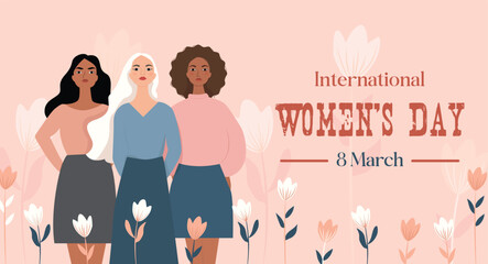 Group of diverse ethnic women celebrating 8 March International Women's Day