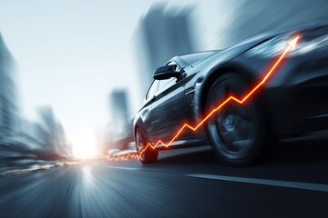 Dynamic car image with urban background and upward graph illustrating automotive market growth