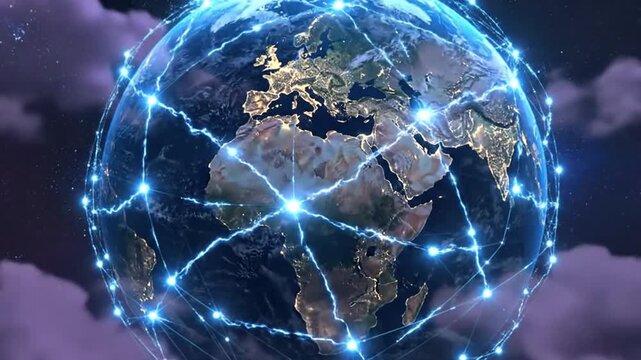 Global network connecting the world with glowing nodes and lines, symbolizing communication.