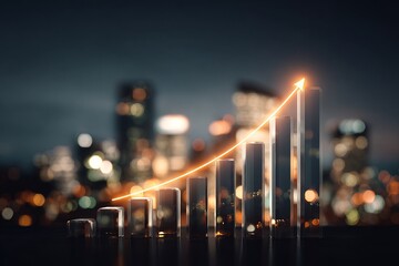 3d bar chart with glowing upward trend line over blurred city skyline representing financial growth