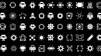 White AI and Technology Icons on Black Background, Innovation and Futuristic Design