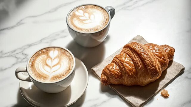 Morning indulgence Two cups of latte art cappuccino with a flaky golden croissant on a marble tabletop a perfect breakfast still life
