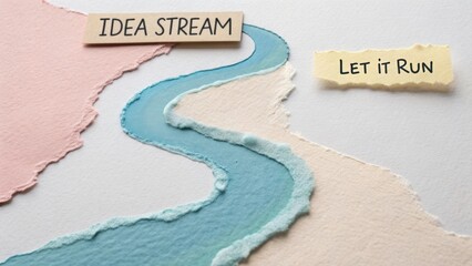 A conceptual river of torn pastel colored paper representing an idea stream, flowing from a wooden sign labeled Idea Stream