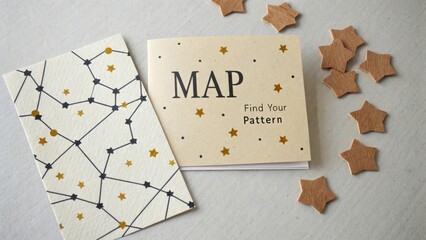 A Flat lay Of a Map Notebook With Star Constellations and Star Shaped Scraps Representing Creative Discovery