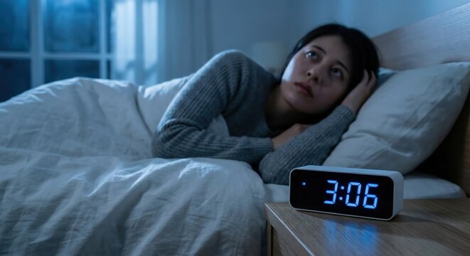 Young adult East Asian woman suffering from insomnia and sleep disorder, lying awake in bed at night looking tired and anxious, digital alarm clock showing late hours.