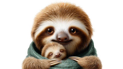 Obraz premium Cute sloth mother holding her baby in a cozy green blanket, both with expressive eyes and soft fur, creating an endearing scene of affection. isolated image, transparent background