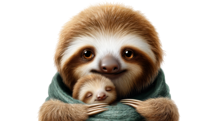 Cute sloth mother holding her baby in a cozy green blanket, both with expressive eyes and soft fur, creating an endearing scene of affection. isolated image, transparent background