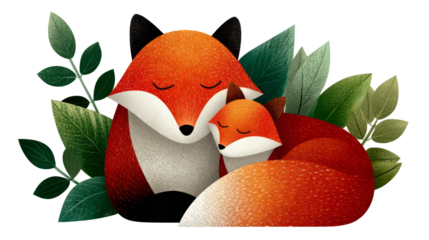 Illustration of two foxes, one adult and one juvenile, nestled together among lush green leaves in a tranquil natural setting. isolated image, transparent background