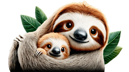 Fototapeta premium Two cute sloths are embracing each other surrounded by green leaves in a vibrant illustration showcasing their adorable features and expressions. isolated image, transparent background