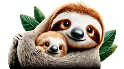 Two cute sloths are embracing each other surrounded by green leaves in a vibrant illustration showcasing their adorable features and expressions. isolated image, transparent background