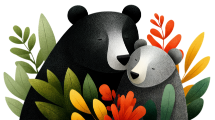 Illustration of two bears, one adult and one cub, nestled among colorful foliage with vibrant leaves and flowers in a whimsical style. isolated image, transparent background
