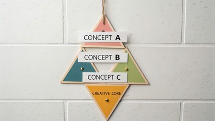 A geometric arrangement of colorful triangular cards displaying concepts and ideas