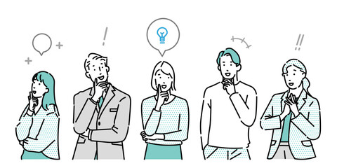 ビジネスパーソンの男女ーポジティブーひらめいた表情ーアイデアが浮かぶーシンプルベクターイラスト素材