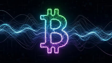 Glowing Bitcoin symbol with neon waves on dark background.