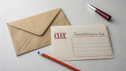 A half-open kraft paper envelope reveals a clue card with writing space and a red pen on a neutral surface.
