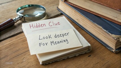 A magnifying glass rests beside a stack of vintage books and a note with a hidden clue, inviting deeper exploration of meaning.