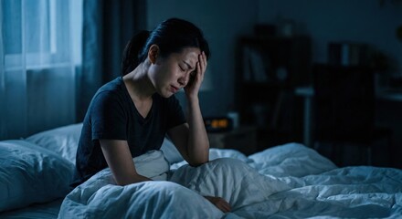 Obraz premium A young adult East Asian woman sitting on a white bed at night suffering from insomnia and stress, feeling exhausted with a headache in a dim bedroom, mental health concept.
