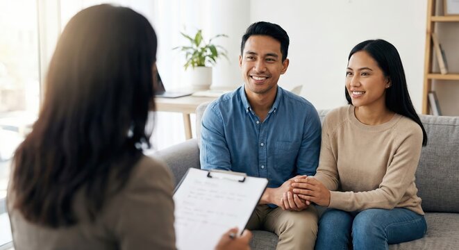 Happy young Southeast Asian couple smiling and holding hands during a positive consultation with a female professional advisor in a bright office, discussing healthcare or financial plans.