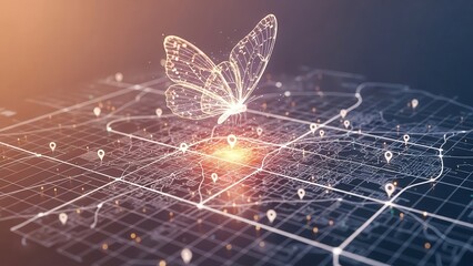 Digital butterfly on a grid network with glowing connections.