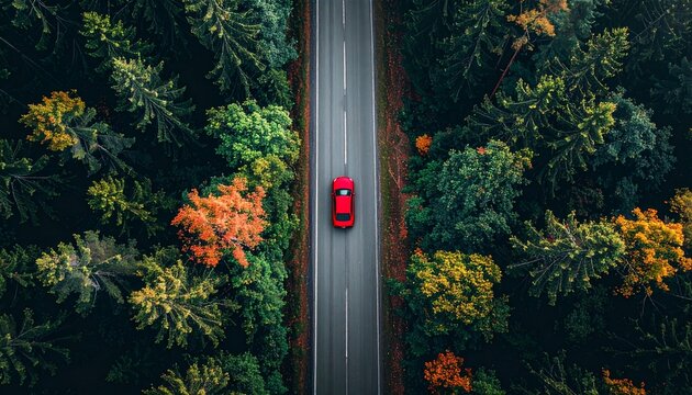 Red car driving on a straight road through a dense forest with autumn foliage.