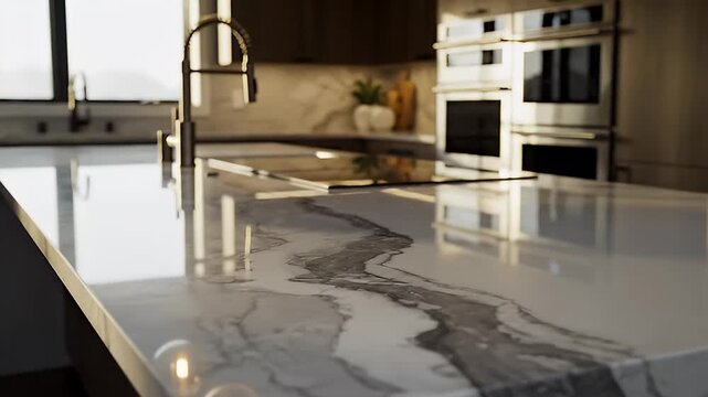 Modern Kitchen Interior with Elegant Marble Countertops and Stainless Steel Appliances.