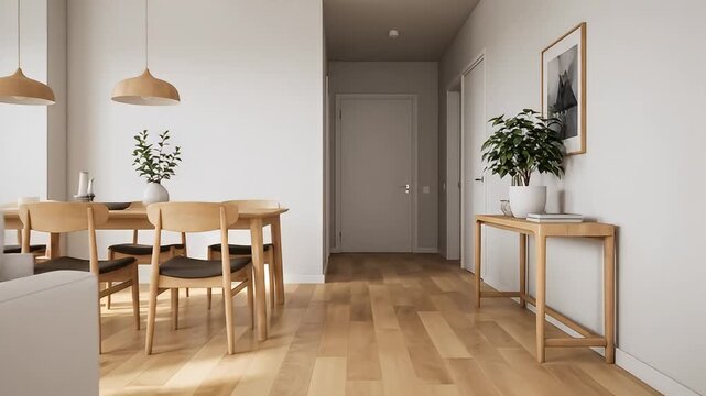 Modern Minimalist Living Room and Dining Area with White Sofa and Wooden Furniture.