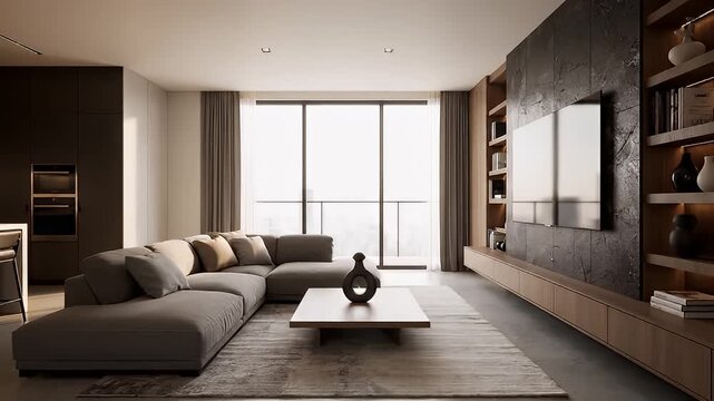 Modern Luxury Apartment Interior Design with Open-Plan Living Room and Kitchen.