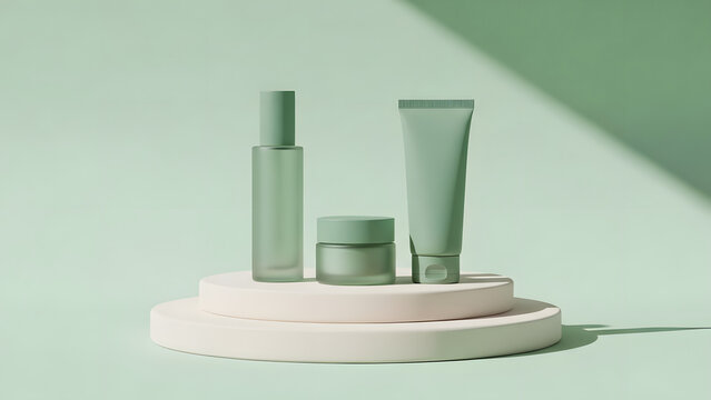 White background cosmetic display with green tubes and bottles