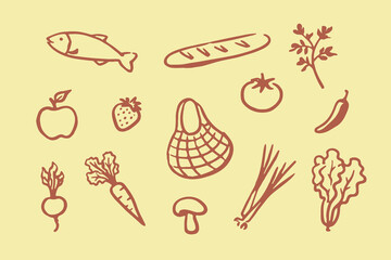 Fototapeta na wymiar Grocery food icons doodle line art vector illustration