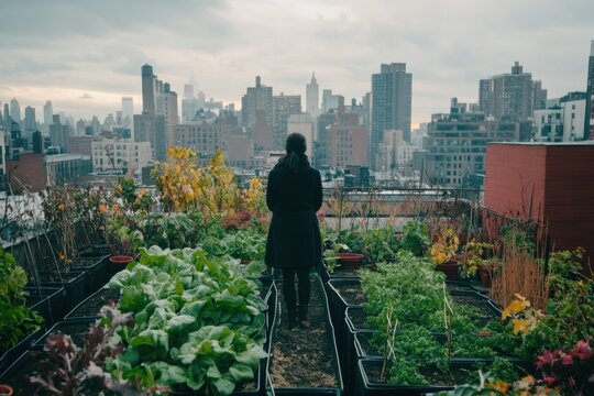 A person stands in a flourishing rooftop garden, surrounded by fresh organic vegetables, looking out at the sprawling city skyline on a cloudy day.