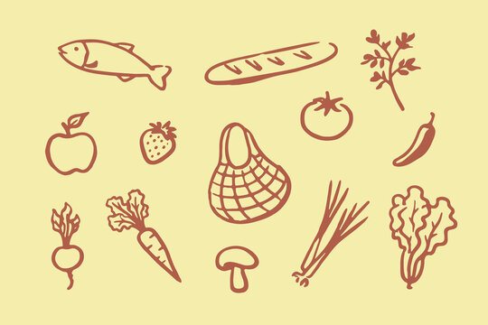 Grocery food icons doodle line art vector illustration