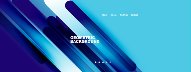 Abstract geometric background. Blue gradients create dynamic shapes. Minimalist design with text elements for navigation, portfolio presentation.