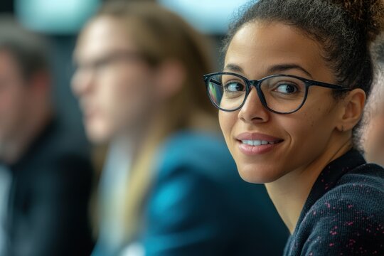 A young woman wearing glasses smiles warmly while looking back at the camera in a professional indoor environment.