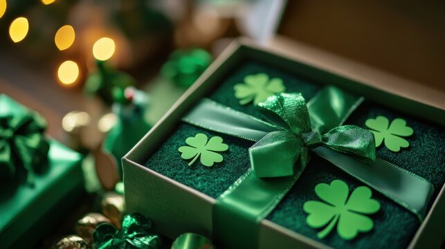 Green gift box with shamrocks and ribbon is open.