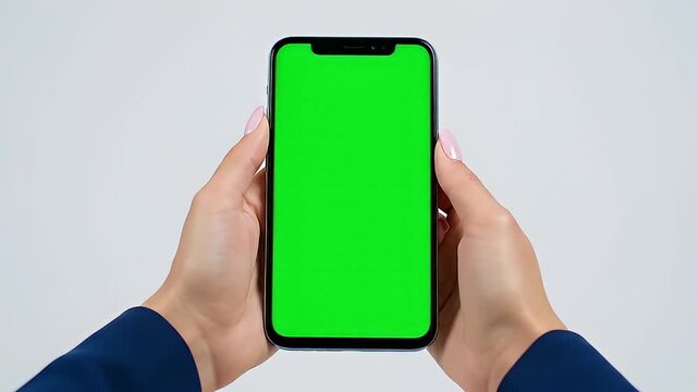 Person holding a smartphone with a green screen for easy content replacement.
