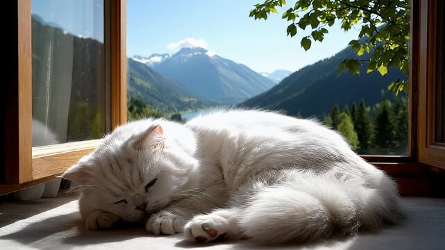 Peaceful White Cat Napping by Open Window with Scenic Mountain View.