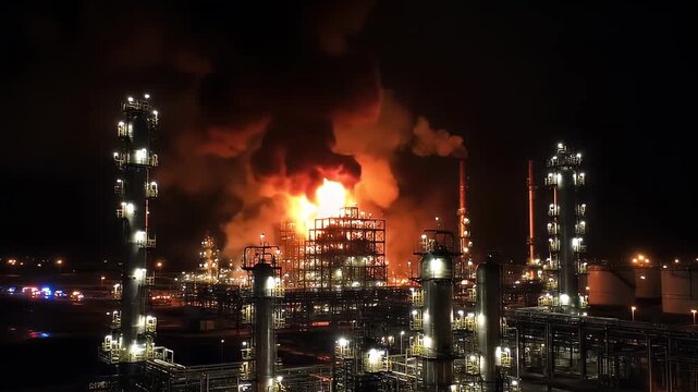 Nighttime Fire Engulfs Industrial Chemical Plant with Towering Flames and Smoke.