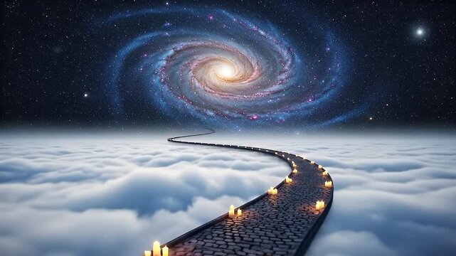 Path to the Cosmos - A Journey Through Clouds to a Swirling Galaxy.