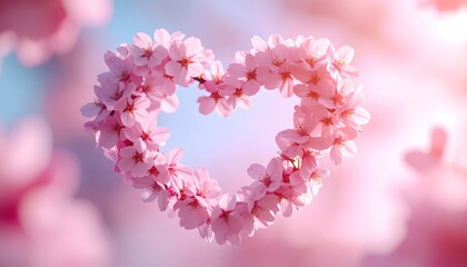 Heart of pink flowers floating in a dreamy, romantic atmosphere.
