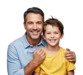 Father and son smiling together portrait isolated on transparent background