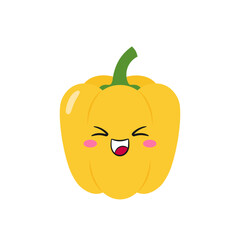 Smiling yellow bell pepper, cute and fun vegetable, sweet pepper cartoon character, big eyes, emotions joy delight, happy face, kawaii style, vector children's illustration.