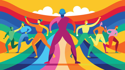 Celebratory group of people with arms raised against vibrant rainbow background in a striking silhouette