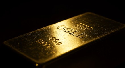 Fototapeta premium Shiny gold bar with inscription, luxury and wealth concept, dark background